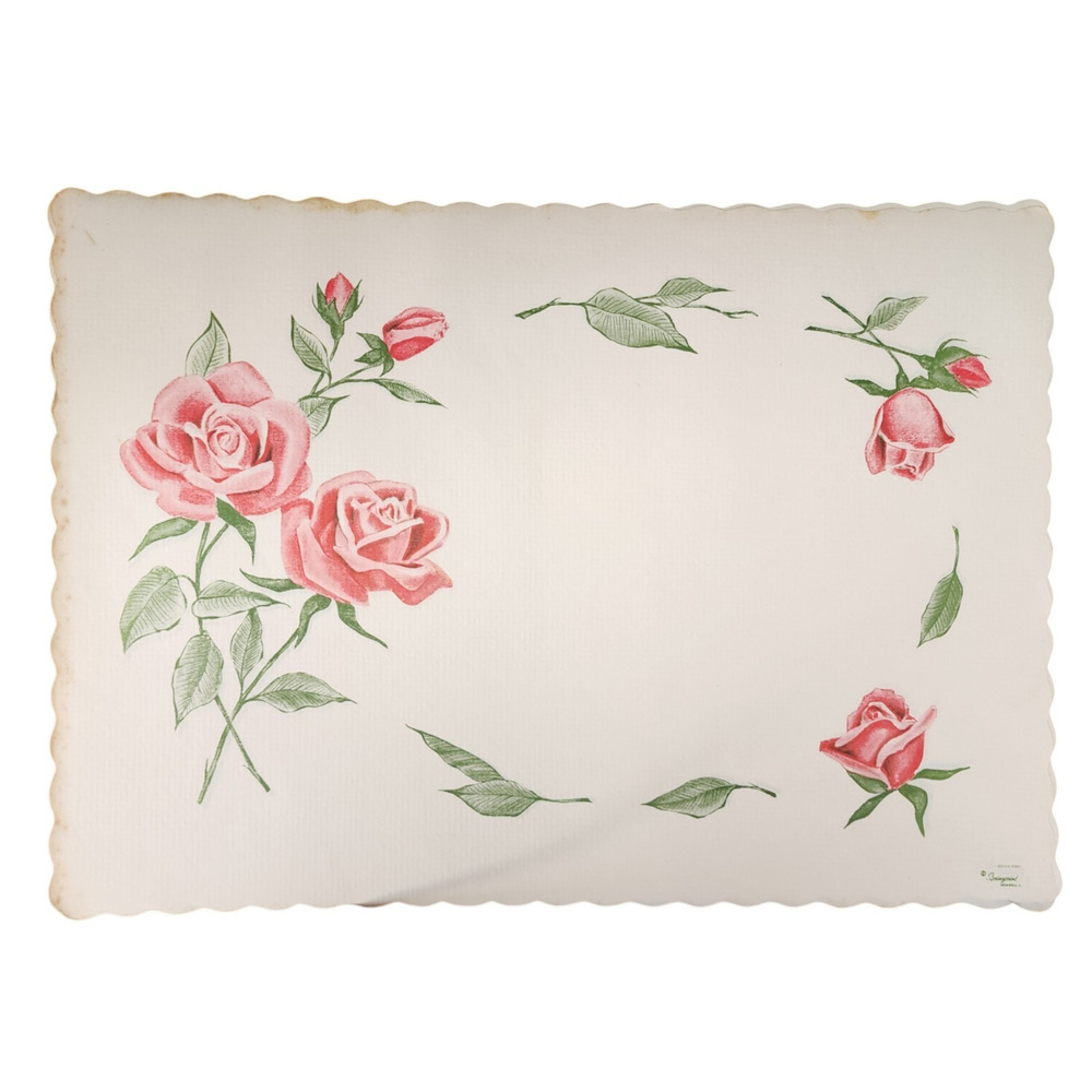 Vintage Lot of 3 Paper Placemats White & Pink Roses Springprint Scalloped 10x14